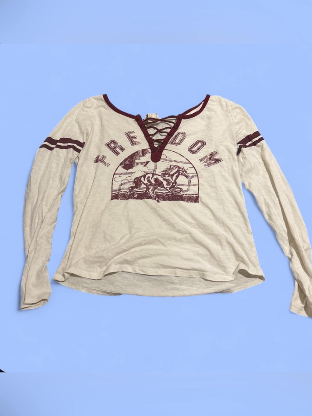 Forever 21 Cream Lace-Up Long Sleeve Top with Burgundy Graphic
